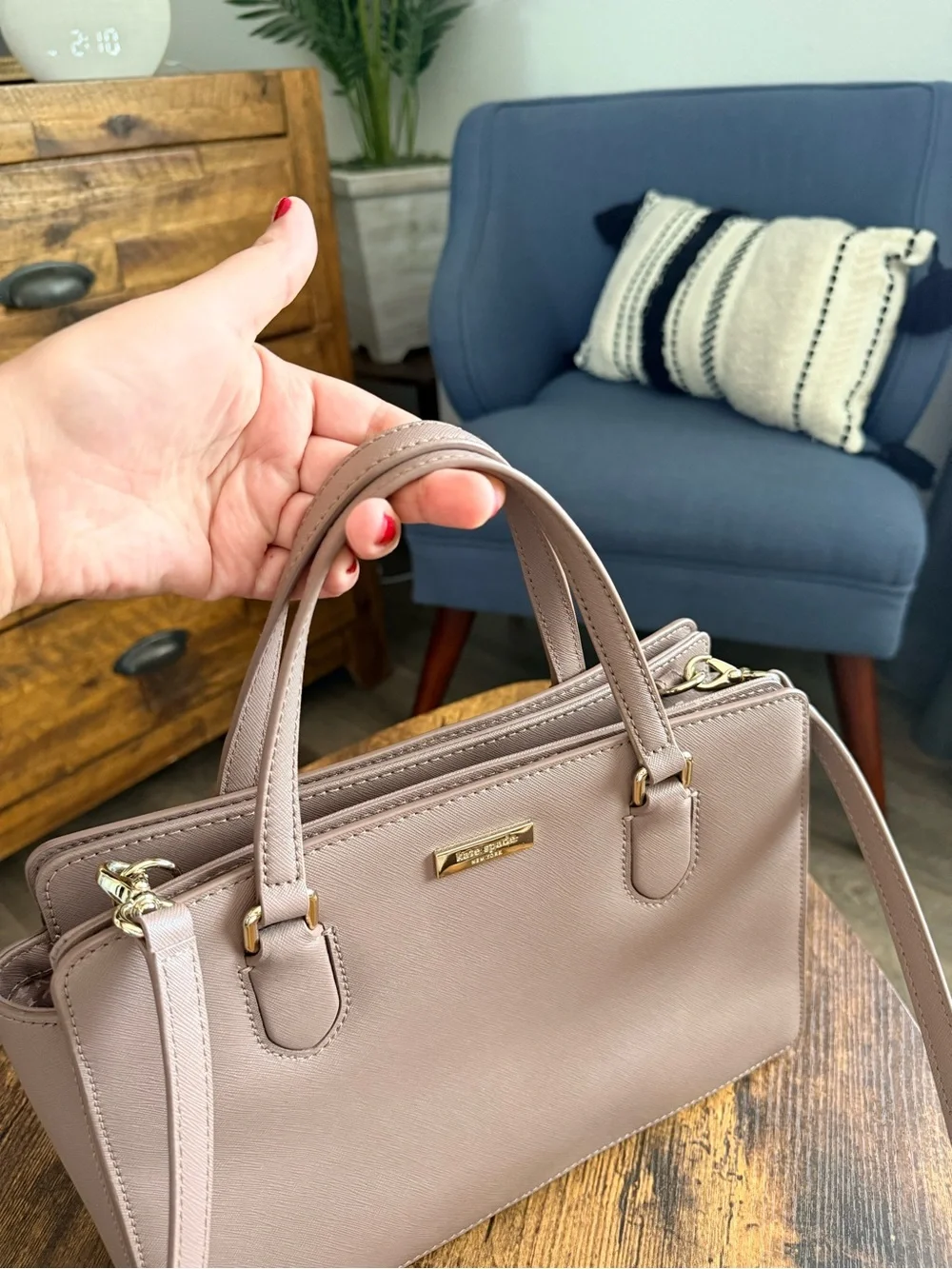 kate spade taupe mauve leather satchel with gold hardware